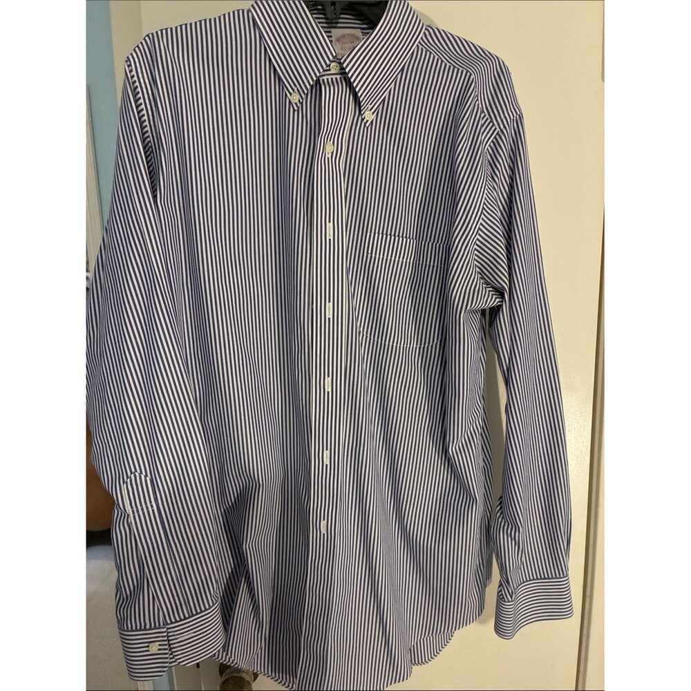 Brooks Brothers Navy and White Striped Button-Down Dress Shirt